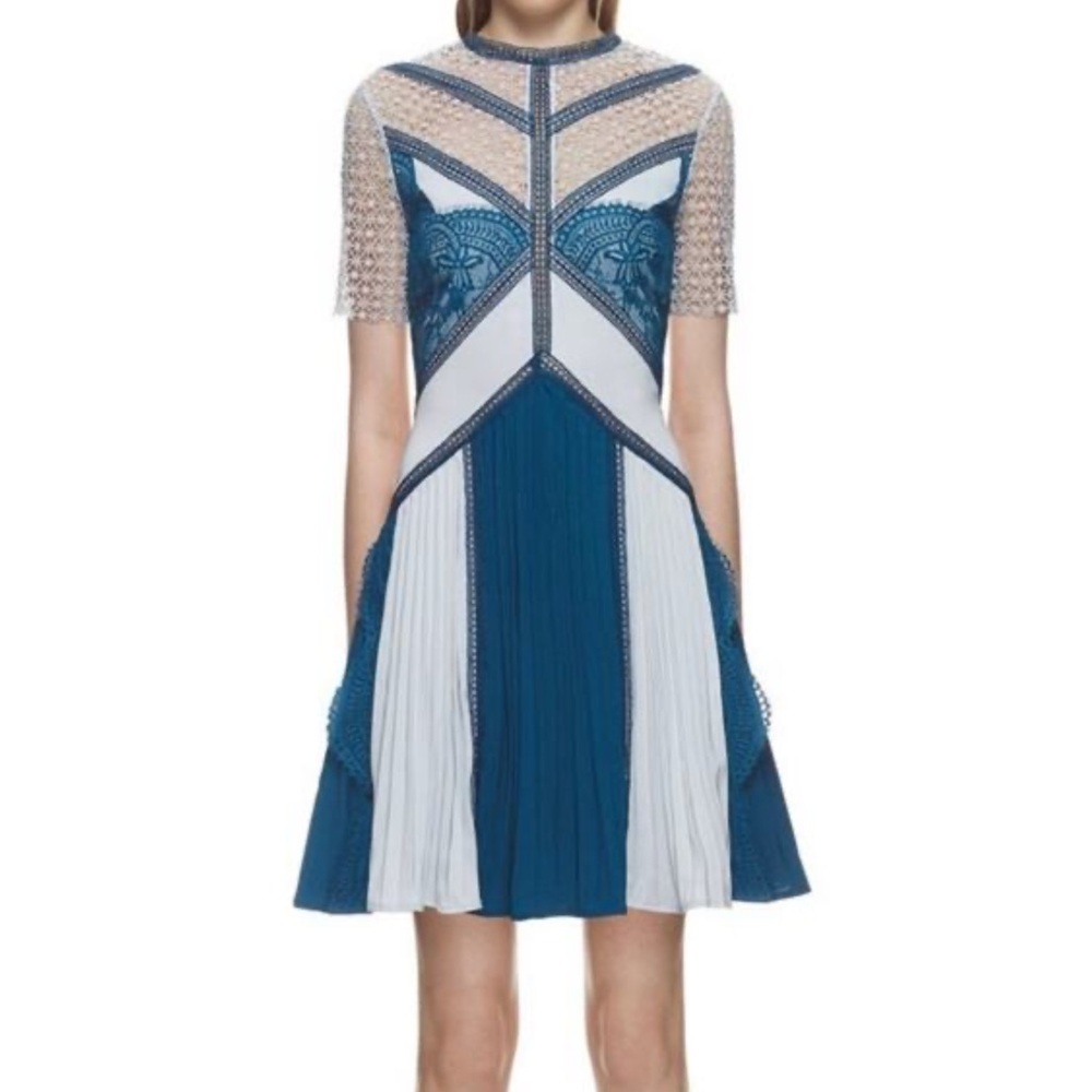 Self-Portrait Lace & Pleated Mini Dress UK8 / US4 – White, Teal & Blue Mesh